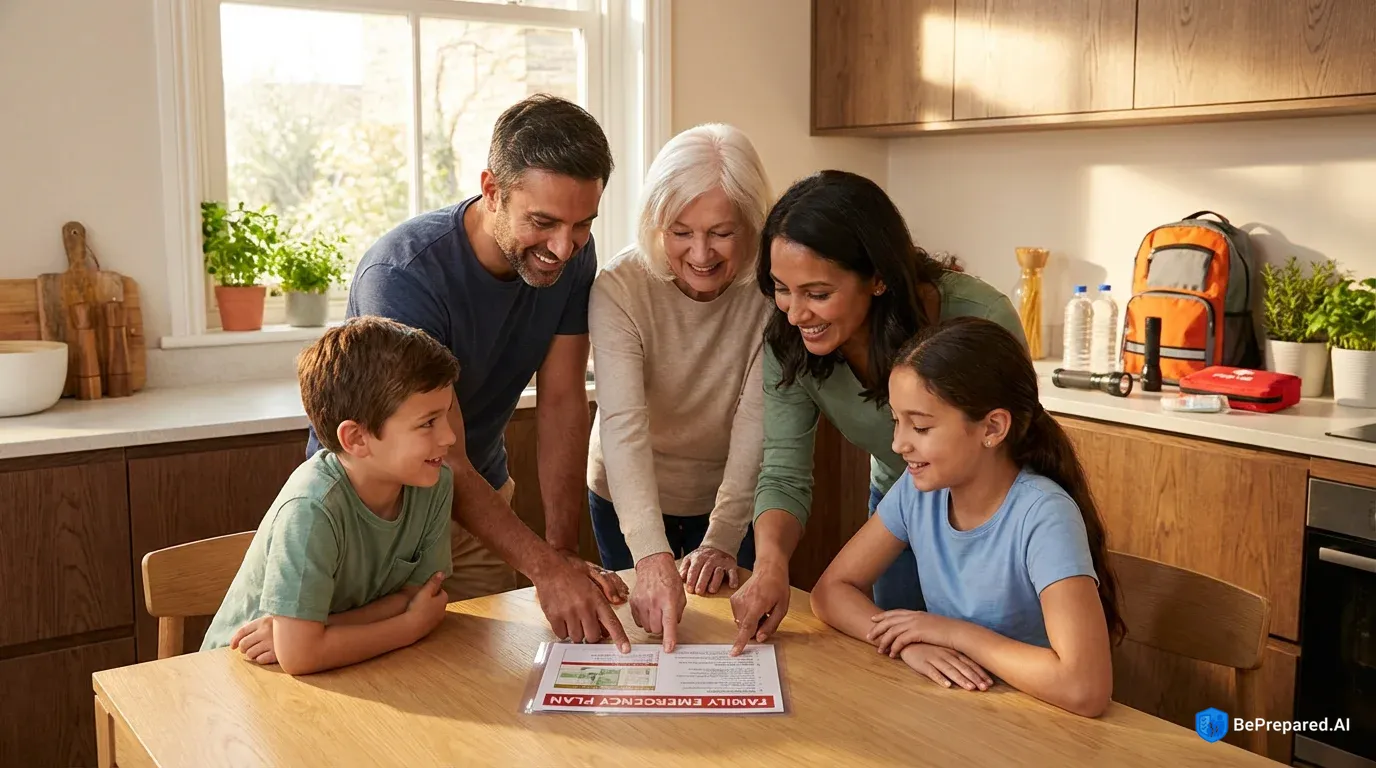 Family reviewing emergency communication plan together at kitchen table with preparedness supplies visible