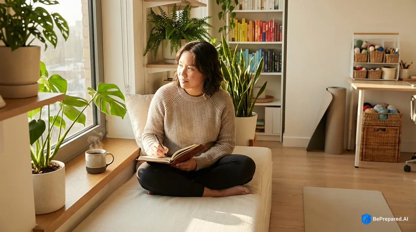Person sitting peacefully in sunny window nook with journal, tea, and houseplants during quarantine