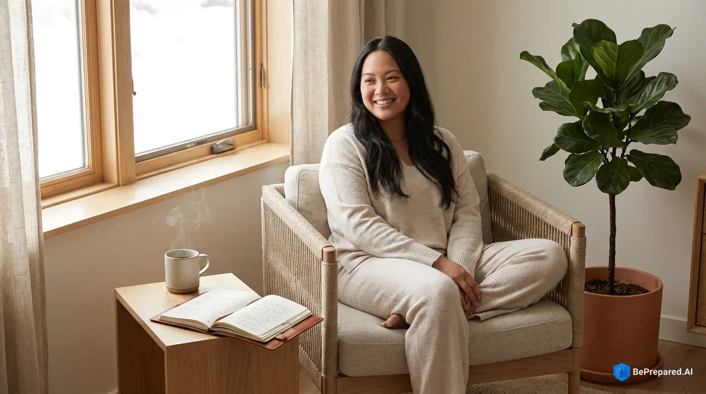 Person sitting peacefully by sunny window with journal and tea, houseplant nearby in cozy home setting