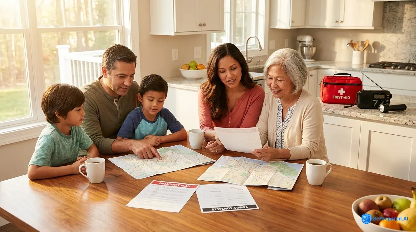 Family reviewing emergency contact plans together at kitchen table with preparedness supplies visible