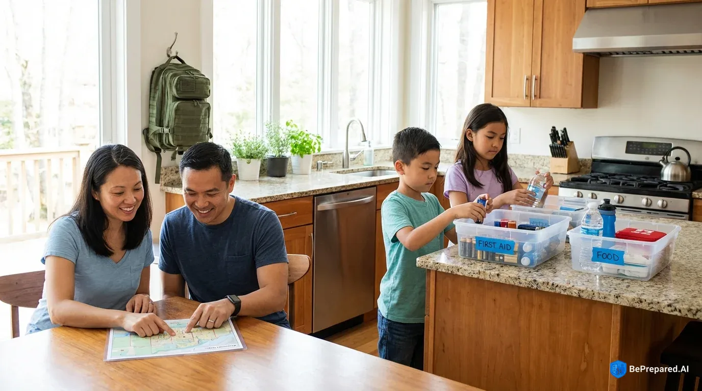 Family reviewing nuclear emergency preparedness plans and supplies at kitchen table